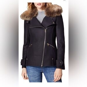 Karen Millen Wool Blend Asymmetrical Zip Jacket with Faux Fur Trim